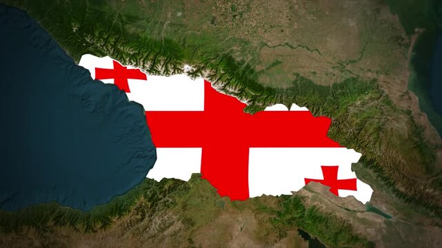 Georgia Flag Map Animation, Zoom From Space to Georgia, Asia Country Location Map, South Caucasus Nation on Realistic Terrain Background