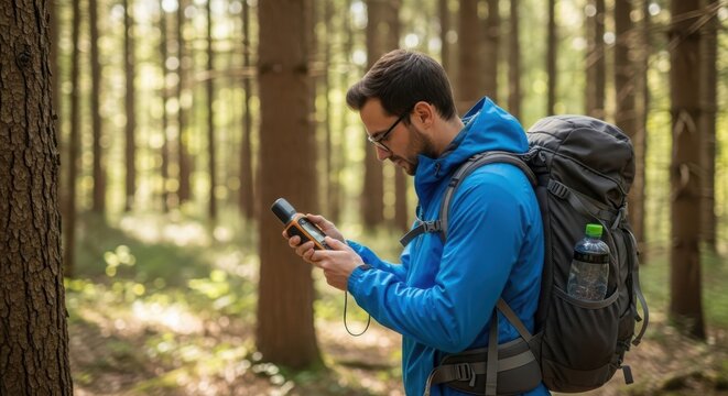 Man with backpack and glasses using a compass for navigation while hiking in a forest setting