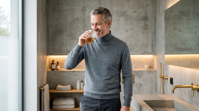 Mature senior man smiling and drinking morning tea in modern bathroom