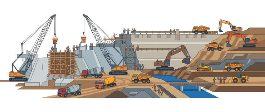 Large Scale Dam Construction Site with Heavy Machinery and Workers