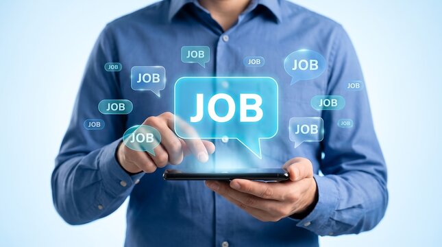 Businessman searching for job opportunities on smartphone with digital holographic speech bubbles for recruitment banner