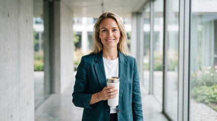 Fototapeta premium Professional businesswoman holding reusable coffee cup in modern office hallway.