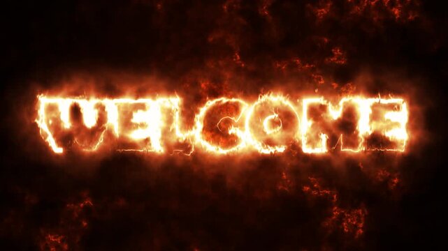 Fiery Welcome Text Animation Burning Effect on Dark Background.