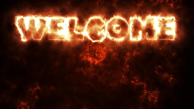 Fiery Welcome Text Animation Burning Letters on Dark Background.