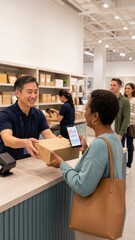 Fototapeta premium Customer receiving package at store counter, happy shopping experience