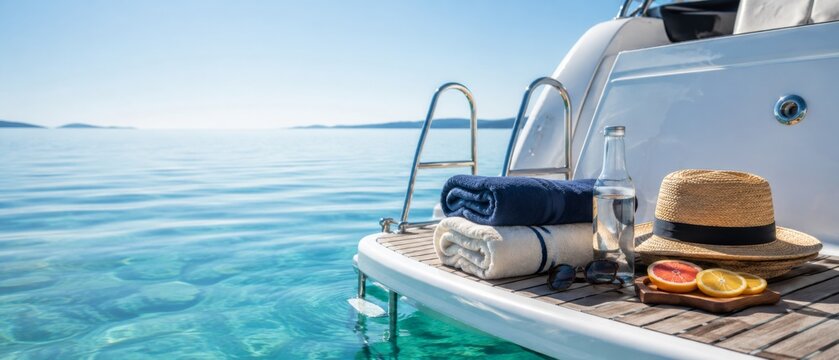Sailorcore yachting theme with folded towels and straw hat on yacht deck