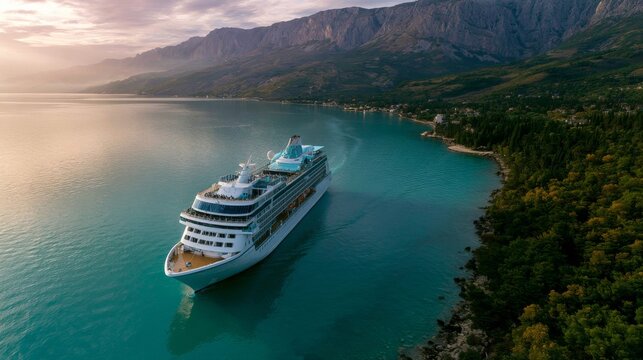 Scenic aerial view of a large cruise ship anchored in calm blue waters near a tranquil coastline surrounded by majestic mountains at sunrise