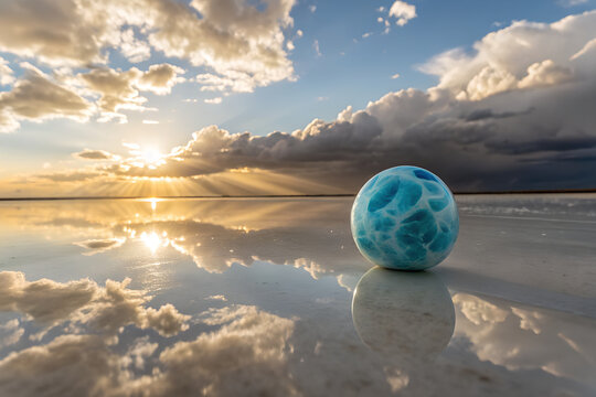 Polished blue larimar gemstone sphere reflection on salt flat landscape sunset