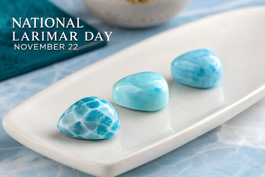 National larimar day concept with polished blue gemstones on ceramic tray