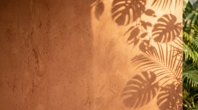 Fondo de presentaci&oacute;n sofisticado de alta resoluci&oacute;n, muro de arcilla terracota c&aacute;lida con sombra de hoja tropical