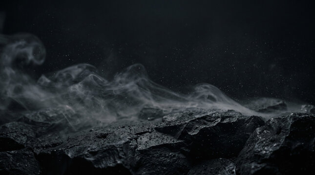 Fondo de presentaci&oacute;n cinematogr&aacute;fico de alta resoluci&oacute;n, superficie de obsidiana volc&aacute;nica con humo de ceniza et&eacute;reo