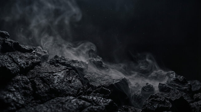 Fondo de presentaci&oacute;n cinematogr&aacute;fico de alta resoluci&oacute;n, superficie de obsidiana volc&aacute;nica con humo de ceniza et&eacute;reo