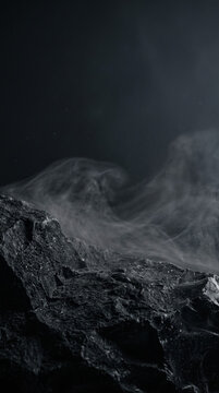 Fondo de presentaci&oacute;n cinematogr&aacute;fico de alta resoluci&oacute;n, superficie de obsidiana volc&aacute;nica con humo de ceniza et&eacute;reo