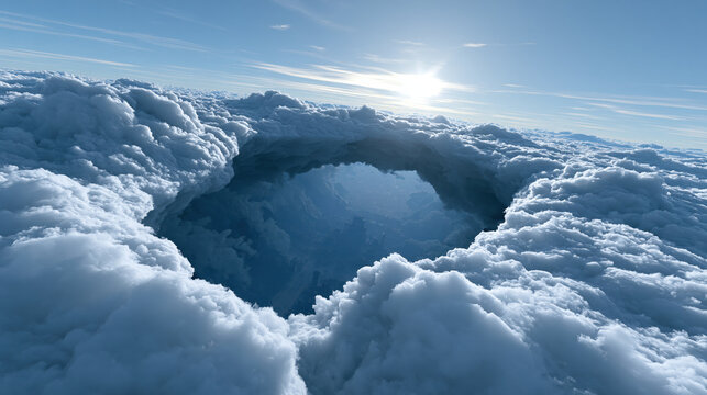 Cloud hole sky opening cloudscape aerial view blue sky sun light cloud layer vast sky horizon atmospheric view dreamy landscape white cloud natural scene high altitude circular opening depth