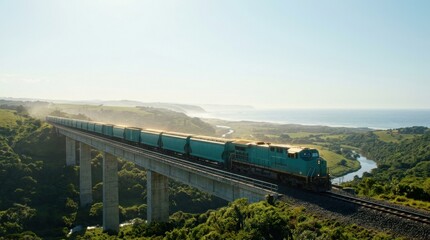 Fototapeta premium Freight Train Crossing High Viaduct Over Green Valley