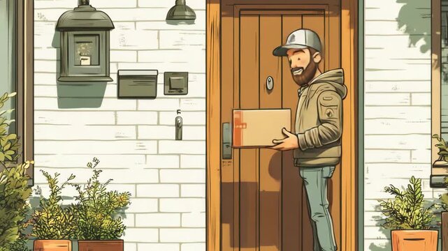 selective focus courier delivering online order package at doorstep branded ecommerce box