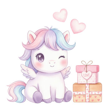 Chubby baby pegasus winking playfully, with pastel rainbow mane and fluffy wings, sitting by stacked pink and brown gift boxes with heart tags and 'love', and floating pink hearts on a white
