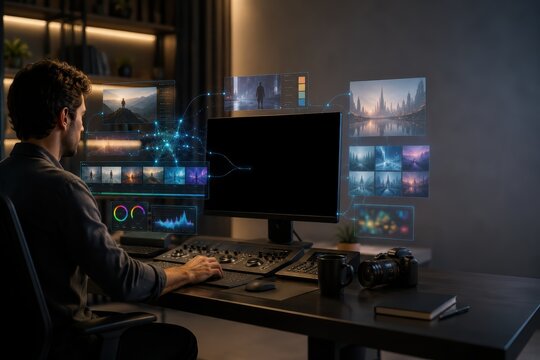 Video Editor Using AI Assisted Workflow in Premium Post Production Studio