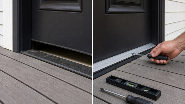 Split-screen home repair scene showing a misaligned exterior door threshold and a hand adjusting the metal sill with a screwdriver.