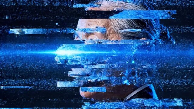 Digital glitch portrait of elderly man with blue pixels.
