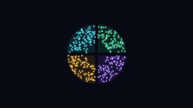 Abstract circular infographic design with four colorful particle sections on a dark background.