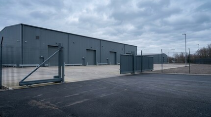 Fototapeta premium Secure Depot Exterior with Open Gate and Forecourt