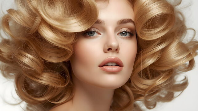 Luxury beauty portrait of woman with voluminous golden curly hair