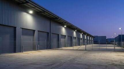 Naklejka premium Industrial Warehouse Frontage at Dusk