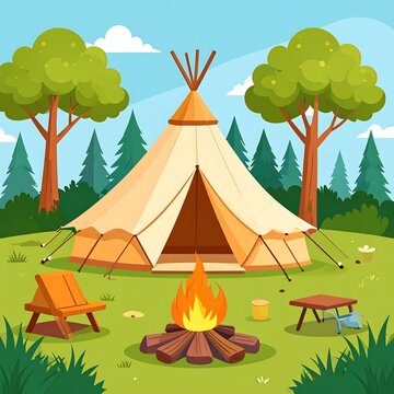 A serene campsite with a teepee, campfire, and wooden furniture amidst trees