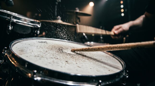Close up of drummer hands playing snare drum on dark stage concert