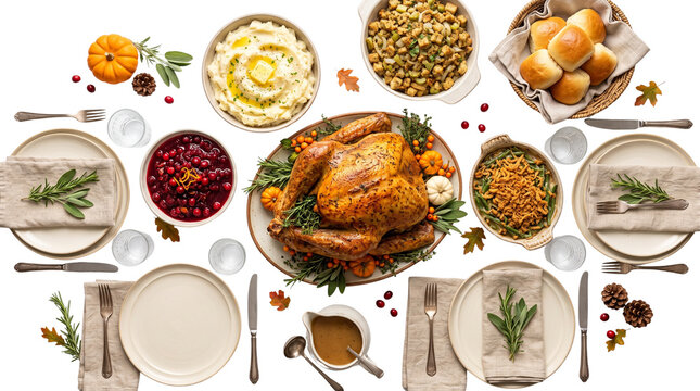Traditional Thanksgiving dinner feast with roasted turkey, festive holiday food spread on white background, overhead view of autumn celebration meal