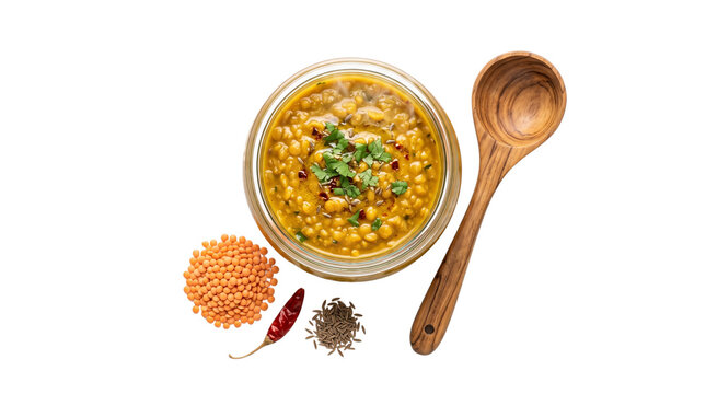 Traditional Indian dal tadka in glass bowl, yellow lentil soup with spices and wooden ladle, healthy vegan pulse dish isolated on white background