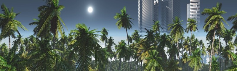 Fototapeta premium Palms, palms against a backdrop of skyscrapers, palms and high-rise buildings, 3D rendering.
