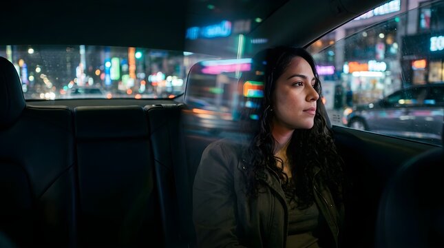 Young woman looking out car window at night city lights in back seat