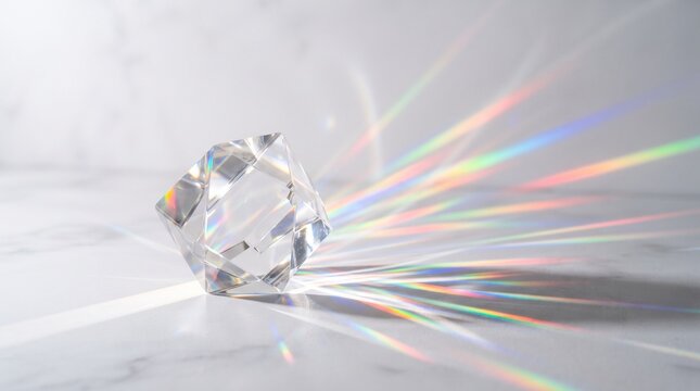 Clear faceted crystal glass prism scattering vibrant rainbow light spectrum on white marble surface background