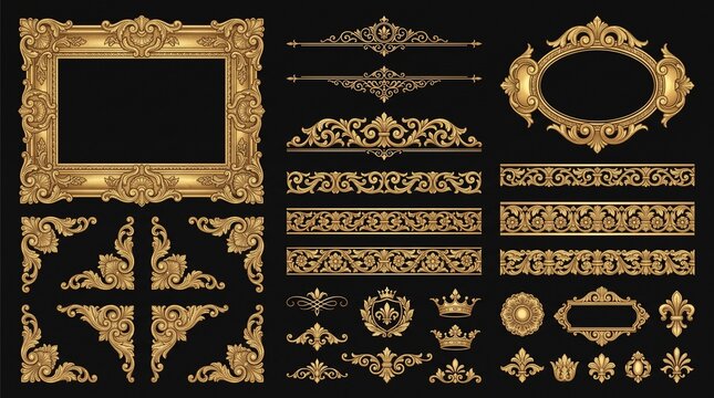 Vintage Gold Thai Style Ornamental Frames Collection Ornate Carved Wooden Borders Flourishes Floral Vector Elements