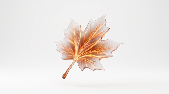 3d render of a glowing maple leaf made of frosted glass isolated on white background