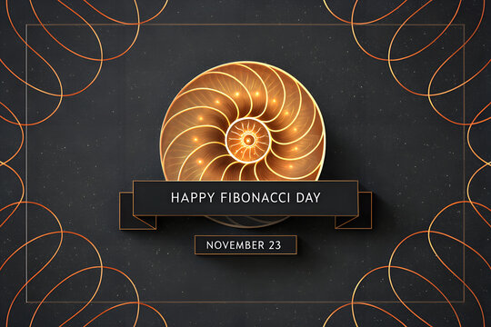Happy fibonacci day poster with nautilus shell golden spiral, fibonacci
