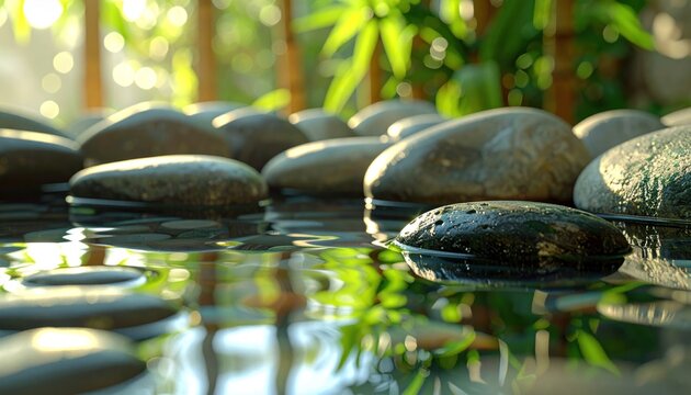 Dark zen stones in shallow water pond