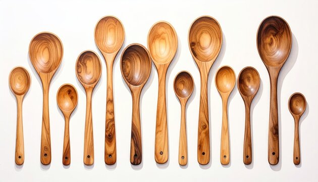 Diverse olive wood kitchen spoons on white surface.