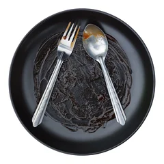 round black plate,fork and spoon stained with red sauce after finishing meal isolated on white. © eNJoy Istyle