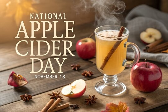 National apple cider day celebration with warm spiced drink on rustic wood