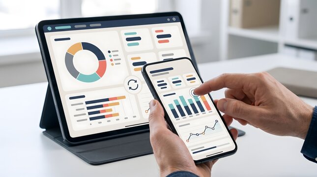 Cross Device Data Analytics Dashboard with Financial Charts and Synchronization Interface for Business Strategy Reporting