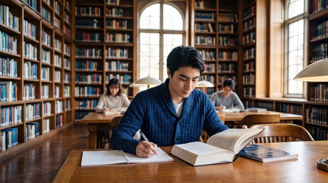 Young male student studying at wooden desk in university library, reading books and writing notes during exam preparation session.