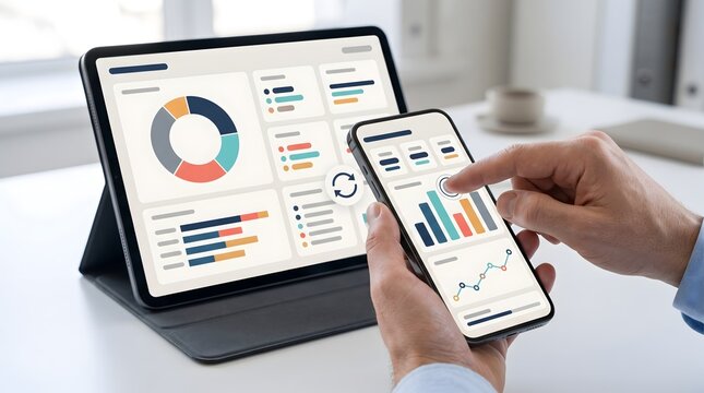 Cloud Data Synchronization on Mobile Devices Displaying Financial Analytics Dashboard and Business Performance Charts
