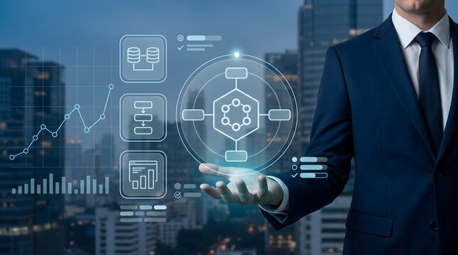 Enterprise Business Intelligence Concept Featuring Businessman Holding Glowing Data Network Dashboard over Smart City Horizon