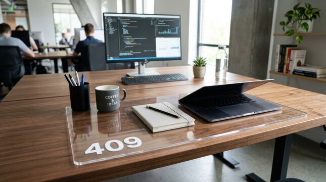 Clear acrylic desk mat on modern wooden office workstation