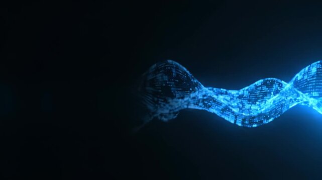 Glowing Blue Digital Wave with Binary Code Flowing in Dark Space, Futuristic Technology Background Animation