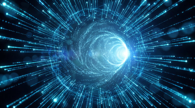 Radiating data network surrounding a luminous digital vortex