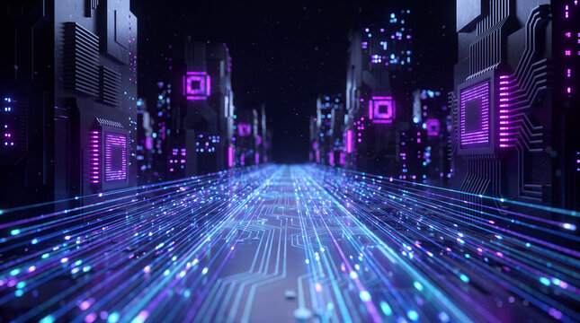 Digital data streams flowing through illuminated processor circuits